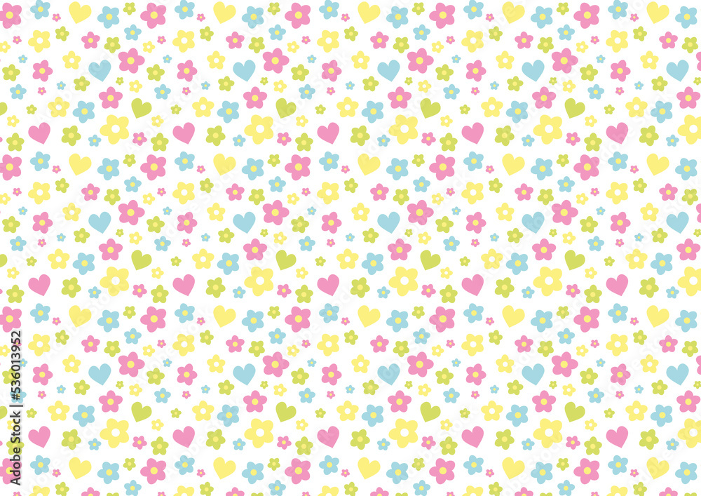 Pattern flowers and hearts, Girly, Pink, yellow, blue and green