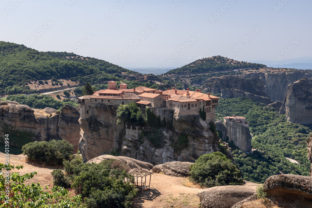 Varlaam monastery in the foreground to the Rousanou Monastery in the background below,  Kalabaka municipality, Trikala, Thessaly, Greece.
