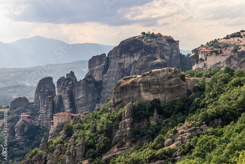 View of the Meteora valley with impressive rock formations and 4 famous monasteries. Kalambaka, Greece