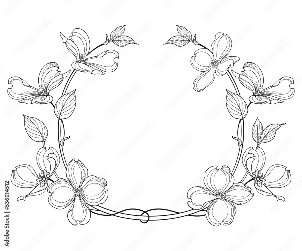 Frame with outline American dogwood or Cornus Florida flowers and leaves in black isolated on white background. 