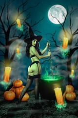 Creative 3d pinup pop collage artwork poster sketch of witch preparing magic poison celebrate halloween isolated on drawing background