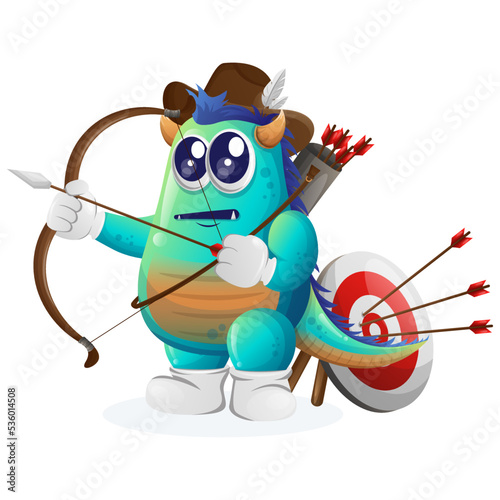 Cute blue monster playing archery