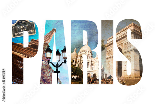 Photo collage letters PARIS, worrd P A R I S written with vintage photos, isolated on transparent background, png file