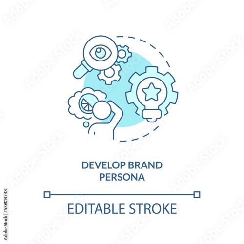 Develop brand persona turquoise concept icon. Sensory marketing strategy abstract idea thin line illustration. Personality. Isolated outline drawing. Editable stroke. Arial, Myriad Pro-Bold fonts used