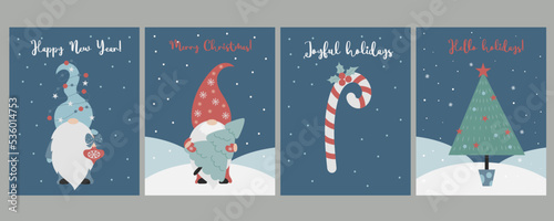 Collection of Christmas posters with scandinavian gnomes. Cute bearded New Years gnome with Christmas tree and Christmas tree toy and caramel stick with holiday inscriptions. Vector illustration.