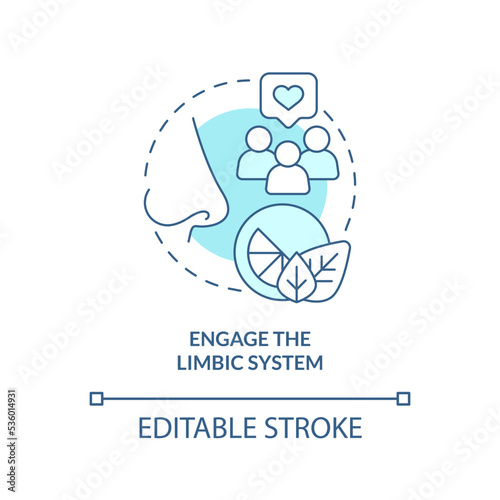 Engage limbic system turquoise concept icon. Sensory marketing strategy abstract idea thin line illustration. Stimulation. Isolated outline drawing. Editable stroke. Arial, Myriad Pro-Bold fonts used