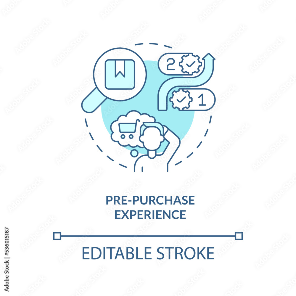 Pre-purchase experience turquoise concept icon. All-round sensory communication abstract idea thin line illustration. Isolated outline drawing. Editable stroke. Arial, Myriad Pro-Bold fonts used Pre-purchase experience turquoise concept icon. All-round sensory communication abstract idea thin line illustration. Isolated outline drawing. Editable stroke. Arial, Myriad Pro-Bold fonts used