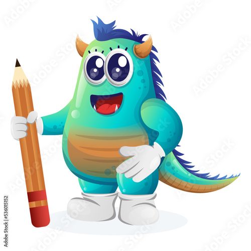Cute blue monster holding pencil