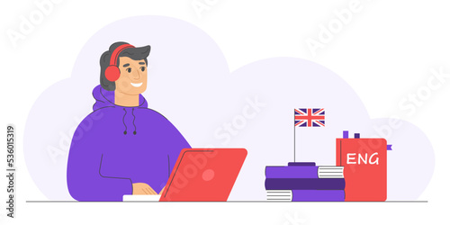 Distance learning, online learning. Man using a laptop for learning a foreign language. Cartoon smiling man learning english. 