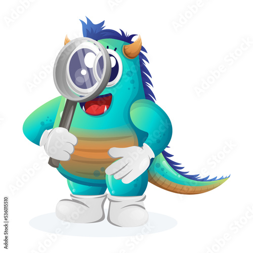 Cute blue monster conducting research, holding a magnifying glass © Triyanto