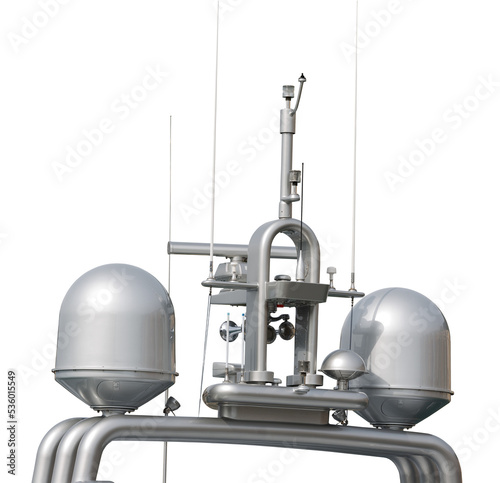 Close-up of a luxury yacht superstructure with navigation equipment, radar and antennas, isolated on white or transparent background. Photography, png.