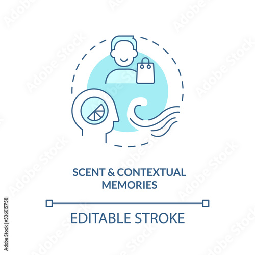 Scent and contextual memories turquoise concept icon. Olfactory marketing in retail abstract idea thin line illustration. Isolated outline drawing. Editable stroke. Arial, Myriad Pro-Bold fonts used