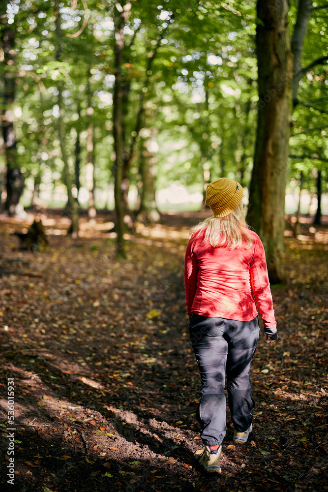 young female walking in forest young female walking in forest