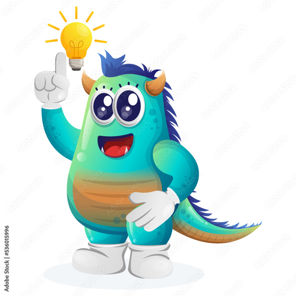 Fototapeta premium Cute blue monster got an idea, bulb idea, inspiration