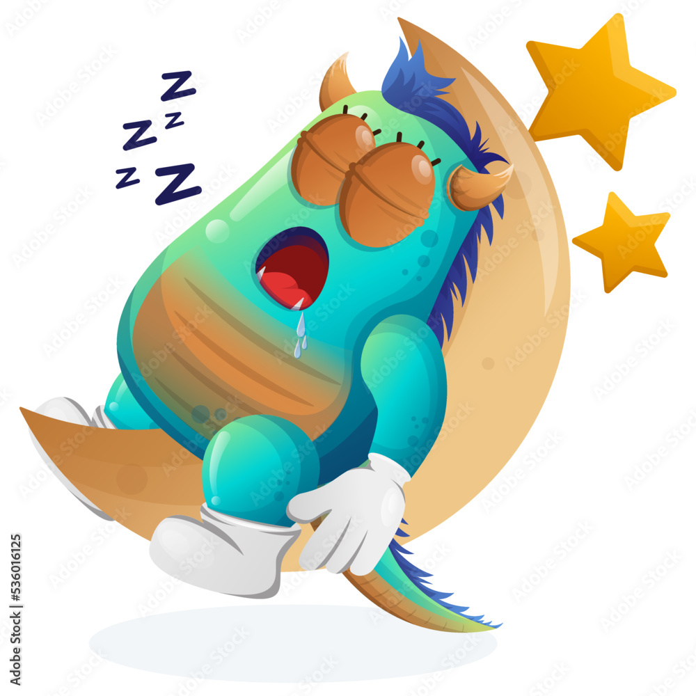 Fototapeta premium Cute blue monster sleeping, sleeping on the moon