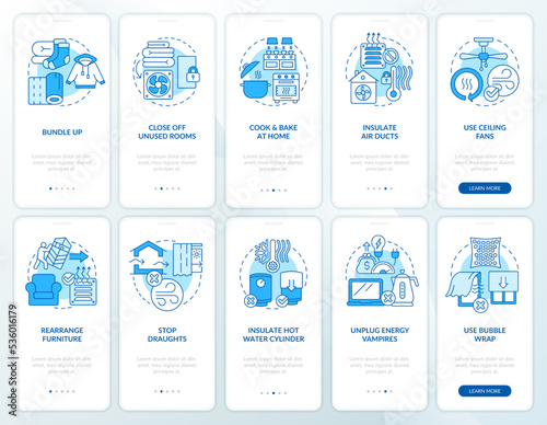 Lowering heat energy using blue onboarding mobile app screen set. Walkthrough 5 steps editable graphic instructions with linear concepts. UI, UX, GUI template. Myriad Pro-Bold, Regular fonts used