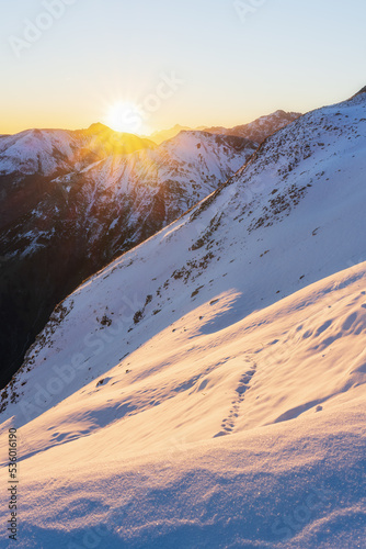 Sunrise in the tannheimer Tal. Hiking near the vilsalpsee and schrecksee. First snow in the mountains. Austria tyrol