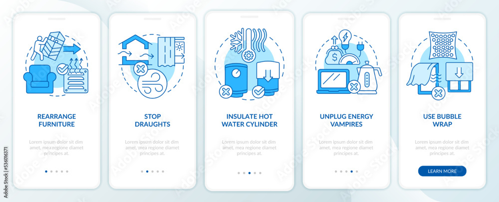 Reduce heating bill costs blue onboarding mobile app screen. Walkthrough 5 steps editable graphic instructions with linear concepts. UI, UX, GUI template. Myriad Pro-Bold, Regular fonts used