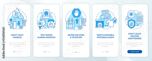 Fire protection rules blue onboarding mobile app screen. Precautions walkthrough 5 steps editable graphic instructions with linear concepts. UI, UX, GUI template. Myriad Pro-Bold, Regular fonts used