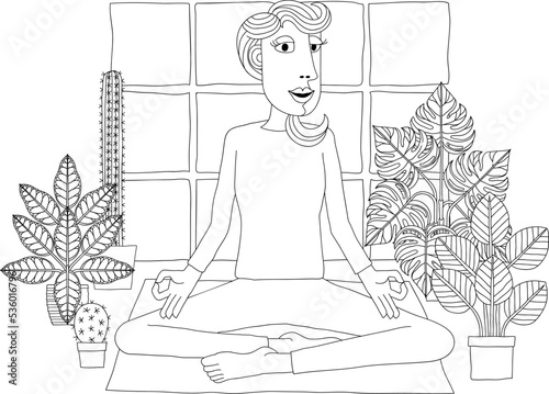 A woman meditating or doing yoga or Pilates. An illustration in an original abstract cubist flat modern cartoon style.