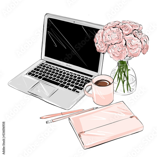 Illustration of desktop work office: composition includes objects like laptop, flowers bouquet, coffee cup, notebook and pen and pencil. Pastel colours, light pink, feminine office.