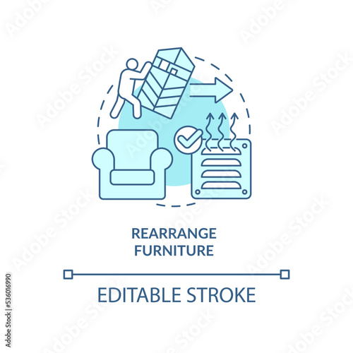 Rearrange furniture turquoise concept icon. Improve circulation warm air. Low bill abstract idea thin line illustration. Isolated outline drawing. Editable stroke. Arial, Myriad Pro-Bold fonts used