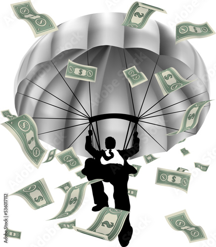 A parachuting silhouette business man with lots of cash dollar bills falling around him.