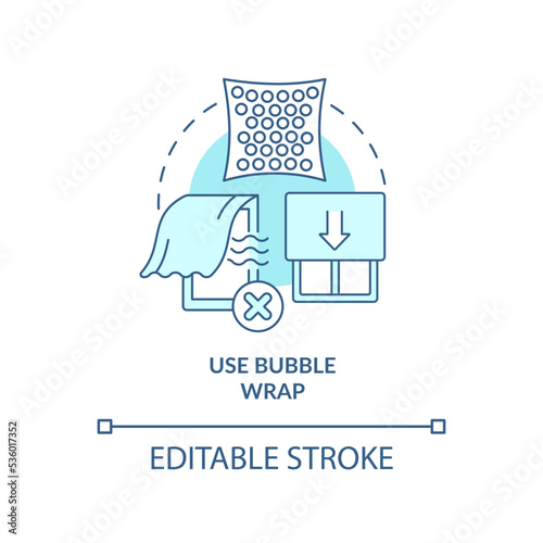Use bubble wrap turquoise concept icon. Winterized window. House insulation abstract idea thin line illustration. Isolated outline drawing. Editable stroke. Arial, Myriad Pro-Bold fonts used