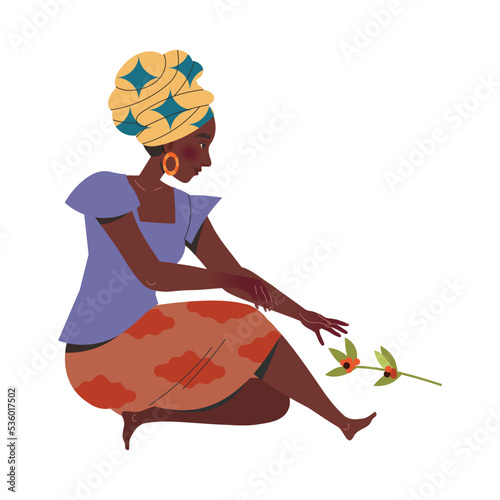 Woman Character Harvesting Coffee Picking Fresh Fruit from Branch Vector Illustration