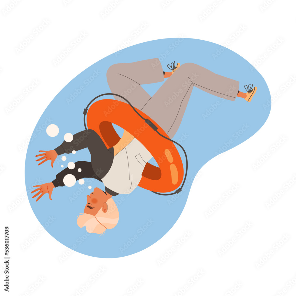 Unconscious Man Character in Office Clothes with Lifebuoy Drowning and Sinking Down Vector Illustration