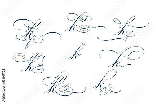 Set of beautiful calligraphic flourishes on letter k isolated on white background for decorating text and calligraphy on postcards or greetings cards. Vector illustration. photo