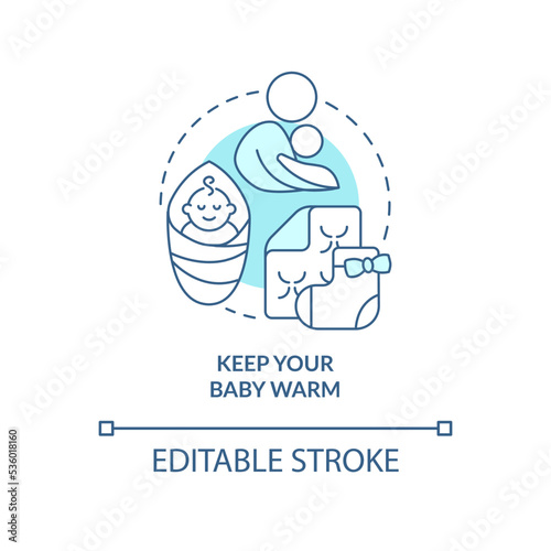 Keep your baby warm turquoise concept icon. Use body heat to warm up infant abstract idea thin line illustration. Isolated outline drawing. Editable stroke. Arial, Myriad Pro-Bold fonts used