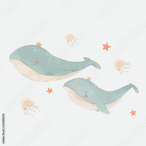 Beautiful vector baby clip art composition with cute watercolor whales jellyfish and stars. Children stock illustration.