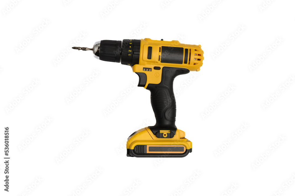 Cordless electric yellow screwdriver isolated on white background. Close-up.