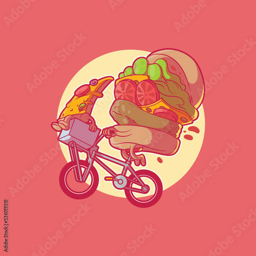 Burger character riding a bicycle with a pizza in front vector illustration. Fast food, funny, brand design concept.