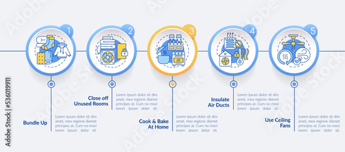 Saving heat energy bills in winter circle infographic template. Data visualization with 5 steps. Editable timeline info chart. Workflow layout with line icons. Lato Bold, Regular fonts used