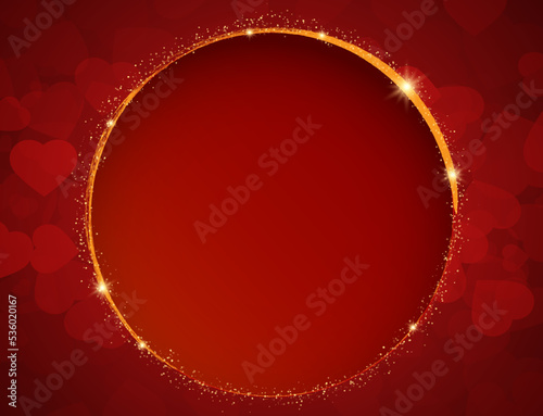 Shining round banner on the red background with hearts