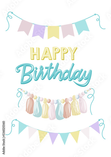 Birthday printable greeting card with flags and tissue garland. Kids, baby, girl rainbow birthday party, celebration, congratulations, invitation. Vector illustration. A4, A5, A6 postcard, card,cover.