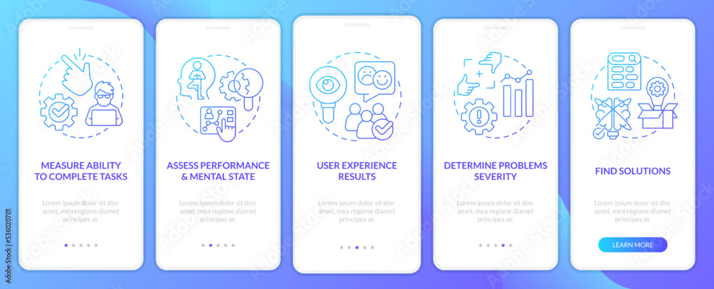 Usability test objectives blue gradient onboarding mobile app screen. Assess walkthrough 5 steps graphic instructions with linear concepts. UI, UX, GUI template. Myriad Pro-Bold, Regular fonts used