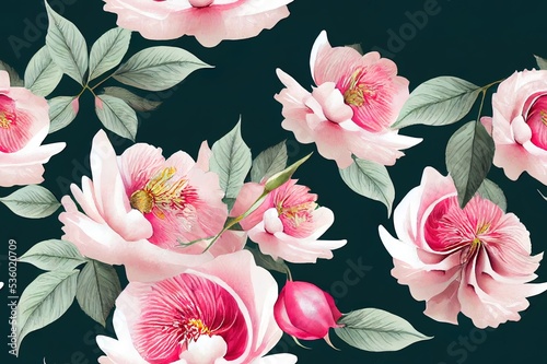 Humming bird  roses  peony with leaves on white. Watercolor. Seamless background pattern. 2d stock.