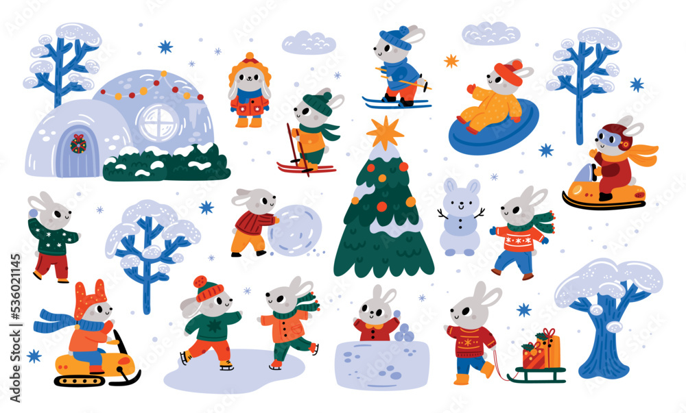 Cute bunny, rabbits characters. New Year celebration bunny, hare. Winter city with cute animals vector illustration. Baby rabbits in different poses. Kids winter decoration Cute bunny, rabbits characters. New Year celebration bunny, hare. Winter city with cute animals vector illustration. Baby rabbits in different poses. Kids winter decoration
