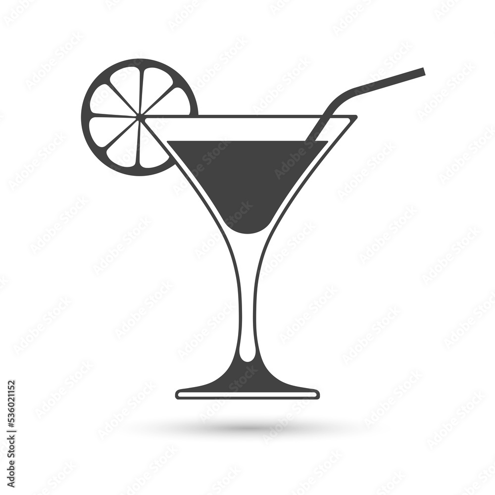 Icon of wine glass with slice of lemon and straw isolated on white background. Icon of wine glass with slice of lemon and straw isolated on white background.