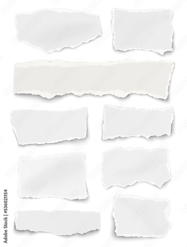 Set of paper different shapes ripped scraps fragments wisps isolated on white background. Paper collage.