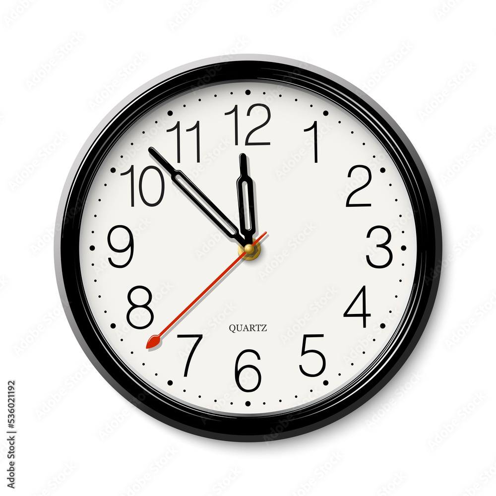 Classic round wall clock with black body isolated on white background Classic round wall clock with black body isolated on white background