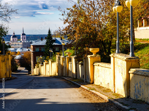 Tomsk, picturesque old Oktyabrsky vzvoz street, Voskresenskaya Gora historical district. One of the oldest streets of Tomsk