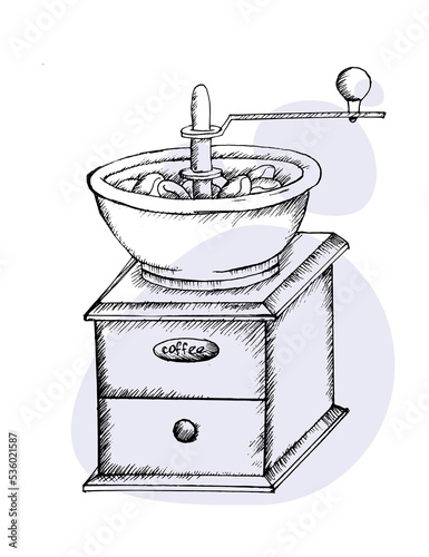 Coffee mill. Hand drawn sketch style. Vintage black vector engraving illustration for label, web.