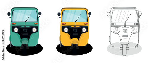 Set of yellow and green auto rickshaw front view illustrations in India.