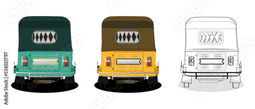 Set of yellow and green auto rickshaw back view illustrations in India.