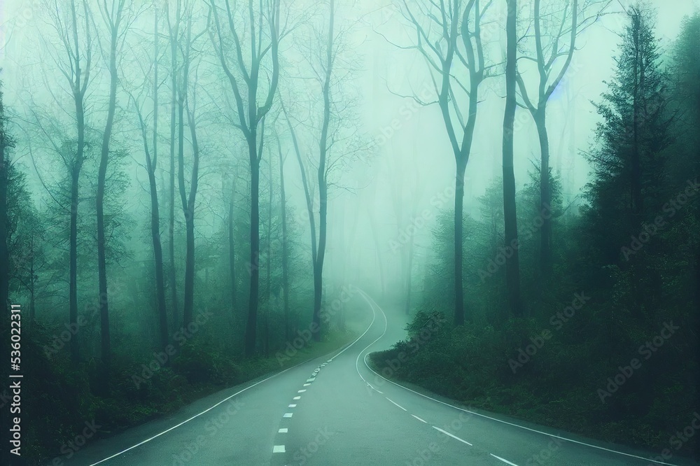 Road in foggy forest in rainy day in spring. Beautiful mountain curved ...