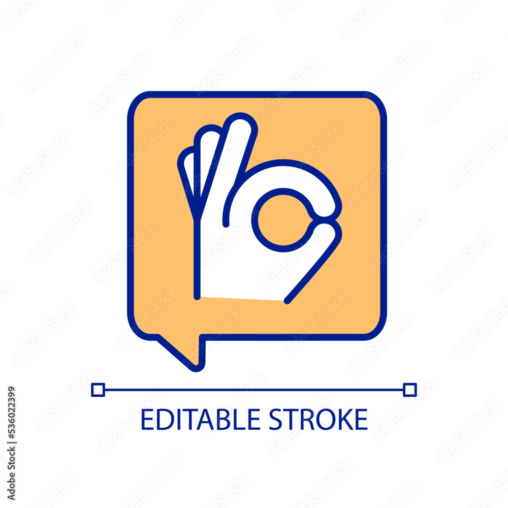 Okay gesture RGB color icon. Ring sign. All is well. Close-up hand showing positive signal in dialogue box. Isolated vector illustration. Simple filled line drawing. Editable stroke. Arial font used